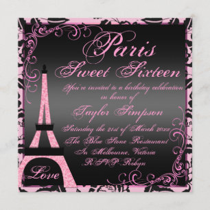 Elegante schwarze und rosa Paris Sweet16 Geburtsta Einladung