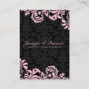 Elegante schwarze und rosa Vintage-Blumendamastmus Visitenkarte