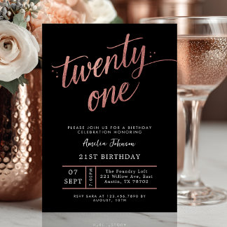 Elegante schwarze und roségoldene Schrift zum 21. Einladung
