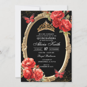 Elegante schwarze und rote Rosen Gold Quinceanera Einladung