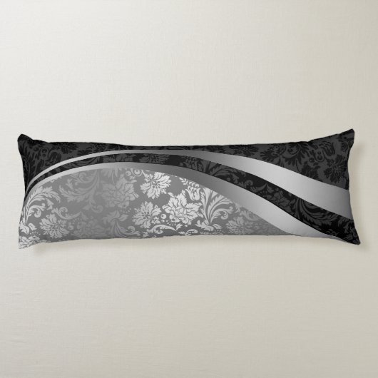 Elegante schwarze und silberfarbene Damaskas, dyna Seitenschläferkissen (Rückseite)