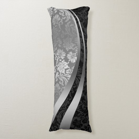 Elegante schwarze und silberfarbene Damaskas, dyna Seitenschläferkissen (Vorderseite Vertikal)