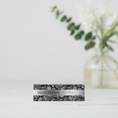 Elegante schwarze und silberne Damasken Mini Visitenkarte (Stehend Vorderseite)