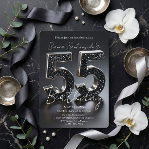 Elegante schwarze und silberne Glitter 55. Geburts Einladung