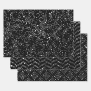 Elegante schwarze und silberne Glittermuster Geschenkpapier Set