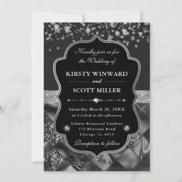Elegante schwarze und silberne Hochzeit mit Diaman Einladung