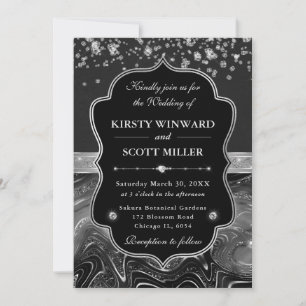 Elegante schwarze und silberne Hochzeit mit Diaman Einladung
