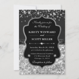 Elegante schwarze und silberne Hochzeit mit Diaman Einladung