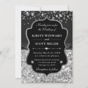 Elegante schwarze und silberne Hochzeit mit Diaman Einladung