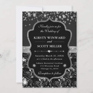 Elegante schwarze und silberne Hochzeit mit Diaman Einladung