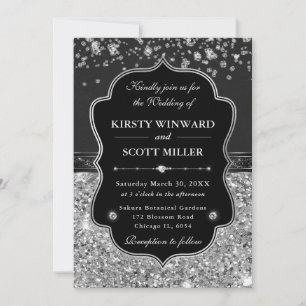 Elegante schwarze und silberne Hochzeit mit Diaman Einladung
