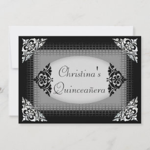 Elegante schwarze und silberne Quinceañera Einladung