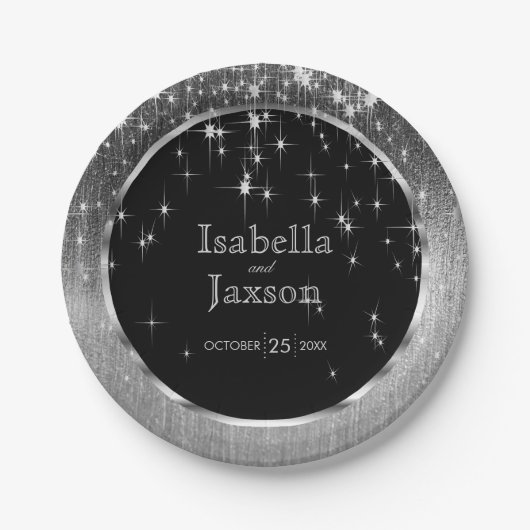 Elegante schwarze und silberne Wedding Starlights Pappteller (Vorderseite)