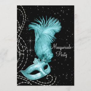 Elegante schwarze und Türkisblaue Maskenparty Einladung