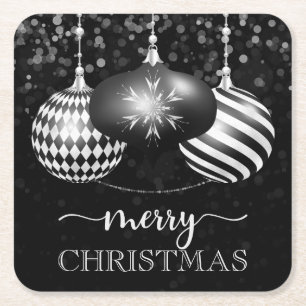 Elegante schwarze und weiße Christbaumkugeln Frohe Rechteckiger Pappuntersetzer