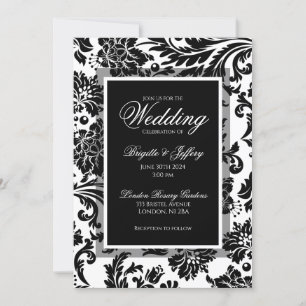 Elegante schwarze und weiße Damast-Hochzeit Einladung