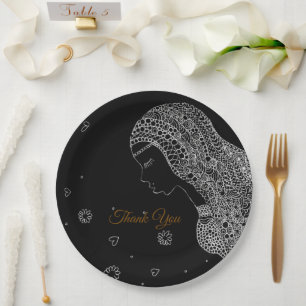 Elegante schwarze und weiße Dankeskarten für Braut Pappteller