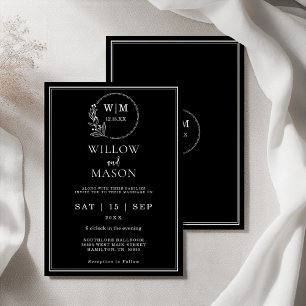 Elegante schwarze und weiße florale Monogramm-Hoch Einladung