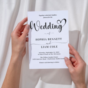 Elegante schwarze und weiße Herz-Schrift Hochzeit  Einladung