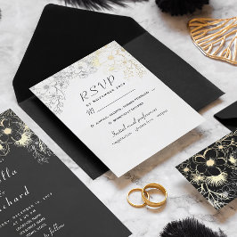Elegante, schwarze und weiße Hochzeit in Floral RSVP Karte