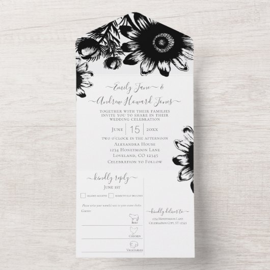 Elegante schwarze und weiße Sonnenblumen All In One Einladung (Innen Boden)