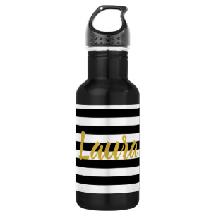 Elegante schwarze und weiße Streifen goldene Schri Edelstahlflasche