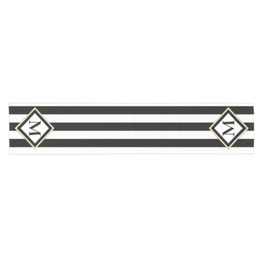 Elegante schwarze und weiße Streifen mit Monogramm Kurzer Tischläufer (Horizontal)