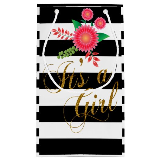 Elegante schwarze und weiße Streifen mit rosafarbe Kleine Geschenktüte (Rückseite)