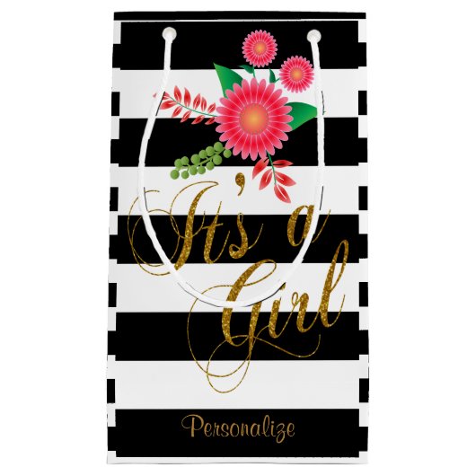 Elegante schwarze und weiße Streifen mit rosafarbe Kleine Geschenktüte (Vorderseite)