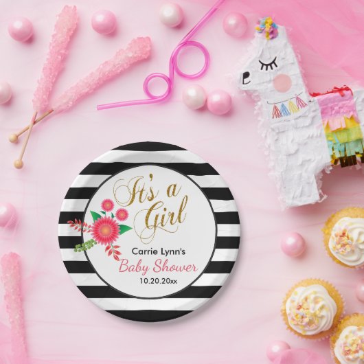 Elegante schwarze und weiße Streifen mit rosafarbe Pappteller (Party)