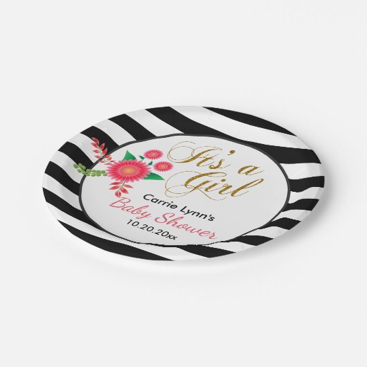 Elegante schwarze und weiße Streifen mit rosafarbe Pappteller (Schrägansicht)