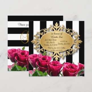 Elegante schwarze und weiße Streifen und rosa Rose Einladung