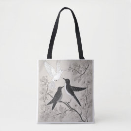 Elegante schwarze und weiße Vögel Floral Art Trage Tasche
