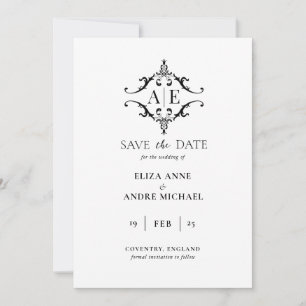 Elegante schwarze und weiße Wappen-Monogramm-Hochz Save The Date