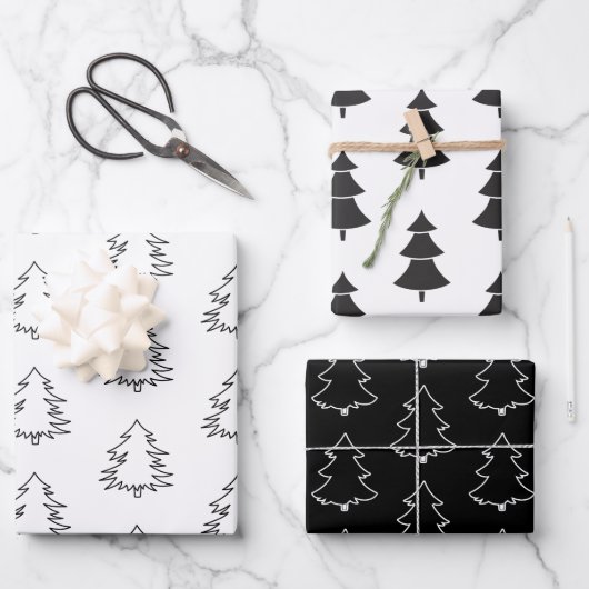 Elegante schwarze und weiße Weihnachtsbaumen Geschenkpapier Set (Vorderseite)