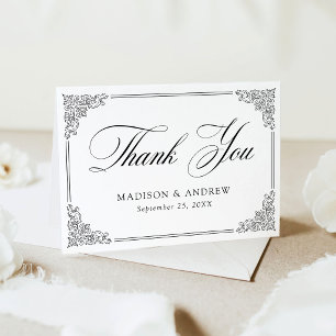Elegante schwarze Vintage-Ornament-Rahmen-Hochzeit Dankeskarte