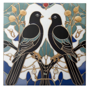 Elegante schwarze Vögel Art Nouveau Vogel Art Deco Fliese