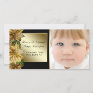 Elegante schwarze Weihnachtskarte mit Gold Poinset Feiertagskarte