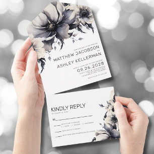 Elegante schwarze weiße Blumenhochzeit All In One Einladung