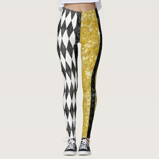 Elegante schwarze weiße goldene Harlekin-Diamant-A Leggings (Vorderseite)