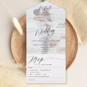 Elegante schwarze weiße Schrift moderne Foto-Hochz All In One Einladung