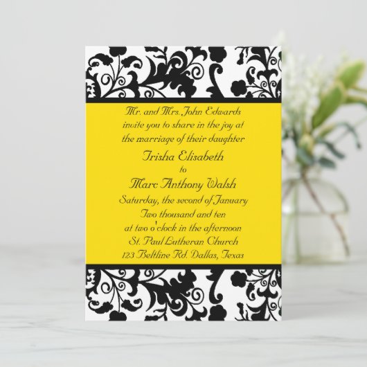 Elegante schwarze, weiße u. gelbe einladung (Stehend Vorderseite)