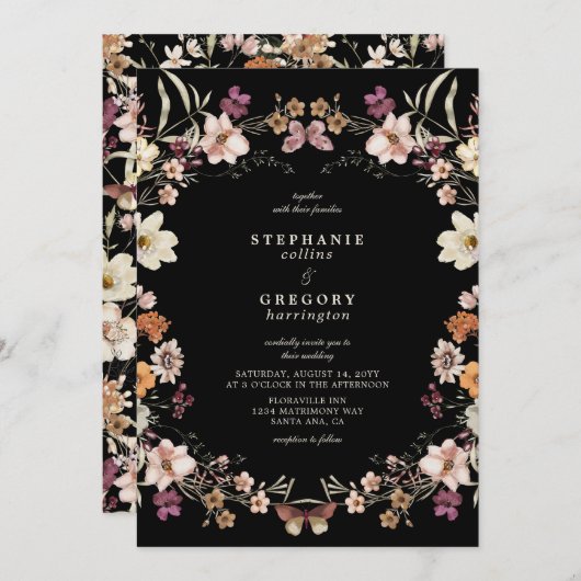 Elegante Schwarze Wildblumen Hochzeit Einladung (Vorne/Hinten)