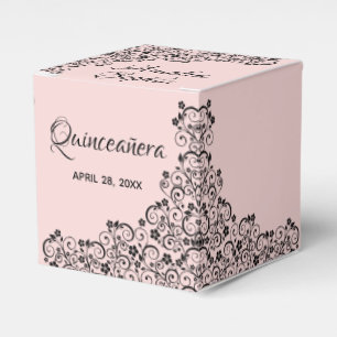 Elegante schwarze Wirbel in Rosa Quinceñera Geschenkschachtel