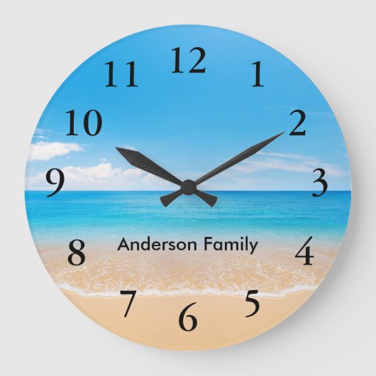 Elegante schwarze Zahlen Aqua Beach Szene personal Große Wanduhr (Vorderseite)