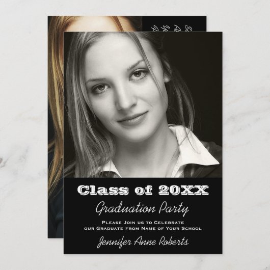 Elegante Schwarzweiss-Abschluss-Einladung Einladung (Vorne/Hinten)