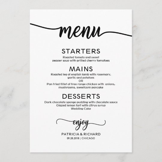 Elegante Schwarzweiss Hochzeits Menu Karte Menukarte Zazzle De