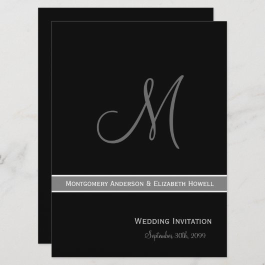 Elegante Schwarzweiss-Monogramm-Hochzeit Einladung (Vorne/Hinten)