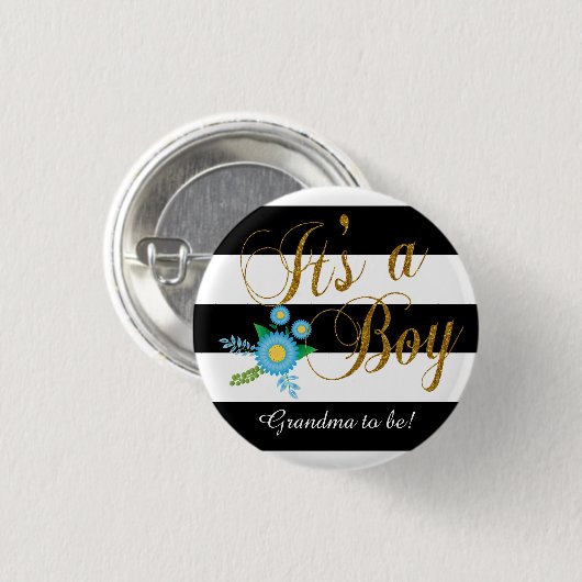 Elegante Schwarzweiss-Streifen mit blauem Blumen Button (Vorne & Hinten)