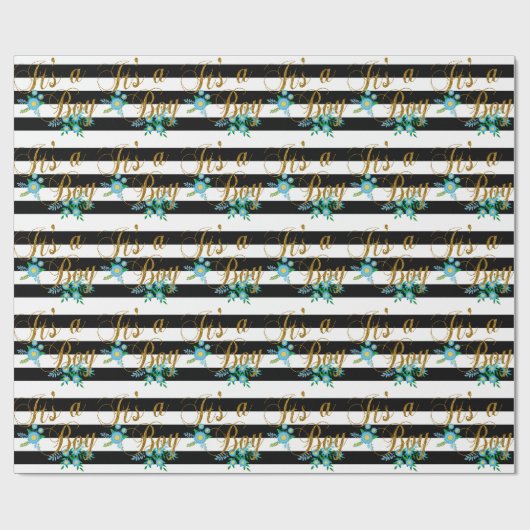 Elegante Schwarzweiss-Streifen mit blauem Blumen Geschenkpapier (Flach)